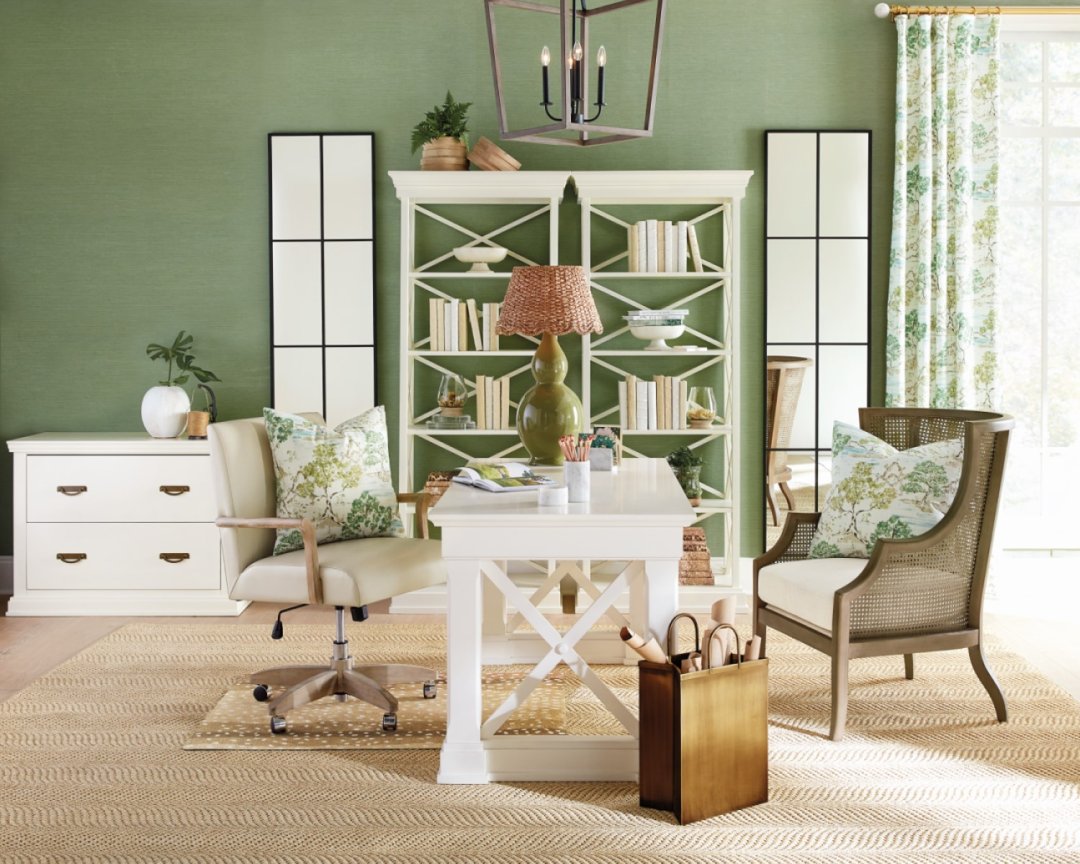 Shop Loft Mirror, Bourdonnais Desk, Bourdonnais Bookcase, Glenna Toile Drapery Panel, Glenna Toile Pillow Cover - Ballard Designs, Bunny Williams Shopping Bag Waste Bin - Ballard Designs, Antelope Desk Chair Mat - Ballard Designs, Scalloped Seagrass Lamp Shade, Dori Sisal Rug, Finn Caned Chair - Ballard Designs, Jason Desk Chair, Brynn Double Gourd Lamp Base and more