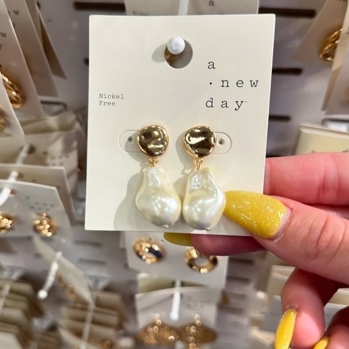 user image by @findsforthegals, Pearl Drop Earrings - A New Day&#8482; Gold: Glass &#38; Nickel-Free Metal, Post Closure, 1.5&#34; Length, 0.5&#34; Width, 0.42 oz.