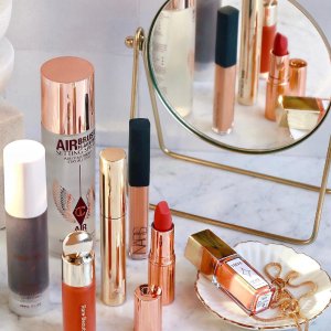 @spacenk&rsquo;s instagram photo of Charlotte Tilbury Airbrush Flawless Setting Spray,Rose Inc Skin Enhance Luminous Tinted Serum,Rare Beauty Soft Pinch Liquid Blush,Nars Radiant Creamy Concealer,VIEVE Lip Dew,Hourglass Unlocked Instant Extensions Mascara,Charlotte Tilbury K.I.S.S.I.N.G Lipstick