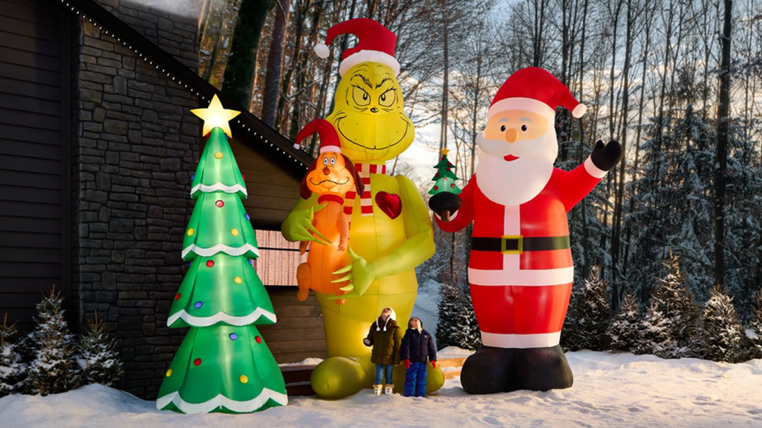 Shop Gemmy Airblown Grinch Holding Max Inflatable..., FOR LIVING LED Light Up Inflatable Christmas Tree, Self-Inflating Outdoor Decoration for Christmas, Green, 12-ft, FOR LIVING LED Light Up Inflatable Santa Holding Tree, Self-Inflating Outdoor Decoration for Christmas, Red, 14-ft and more