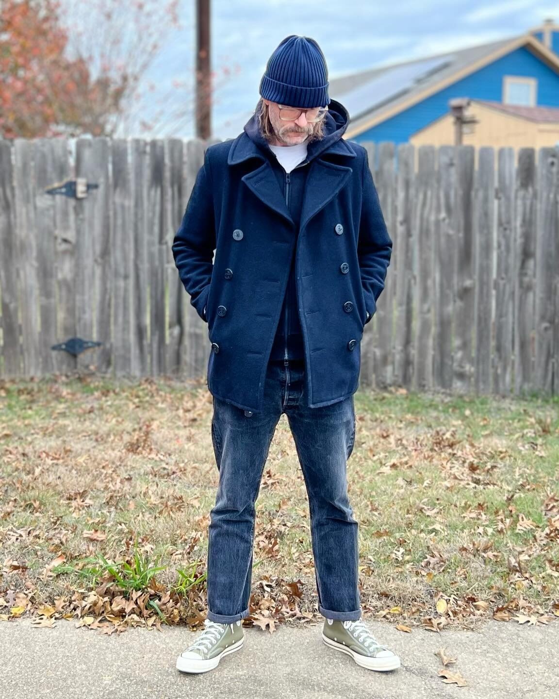 Mens navy peacoat on sale outfit