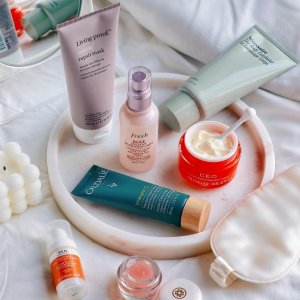 @spacenk&rsquo;s instagram photo of Living Proof Restore Repair Mask,N&eacute;cessaire The Body Exfoliator Eucalyptus,Fresh Rose Instant Hydration Mist,Sunday Riley CEO Afterglow Brightening Vitamin C Cream,Caudalie Vinergetic C+ Instant Detox Mask,Ren Clean Skincare Brightening Skin and Eye Duo,Slip Silk Sleep Mask