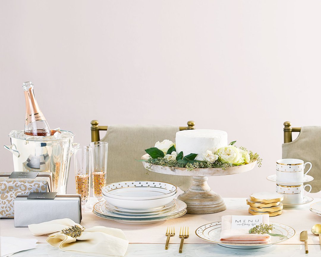 Shop Jillian Cake Stand - Ballard Designs, Bunny Williams Gold Star 20 Piece Dinnerware Set - Ballard Designs, Gilded Stone Coasters, Winter Greenery Napkin Rings - Set of 4, Bunny Williams Bubbly Glasses, Bunny Williams Silver Wine Cooler and more