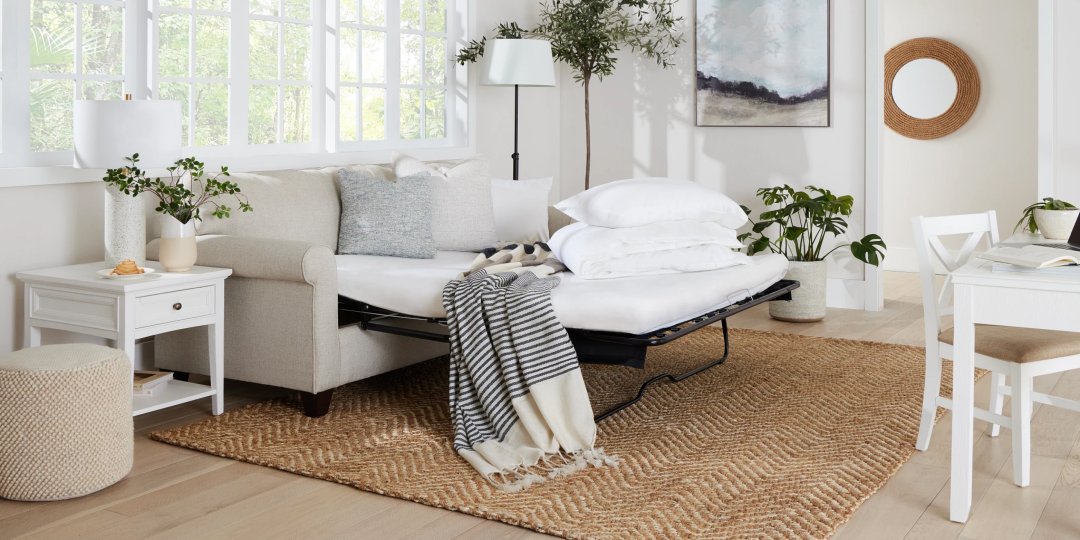 Shop Cameron Beige Fabric Memory Foam Sleeper, Herringbone White 8x10 Area Rug, Heron Cove White Rectangular End Table, Ciel Bluestripe 50"x 60" Throw and more
