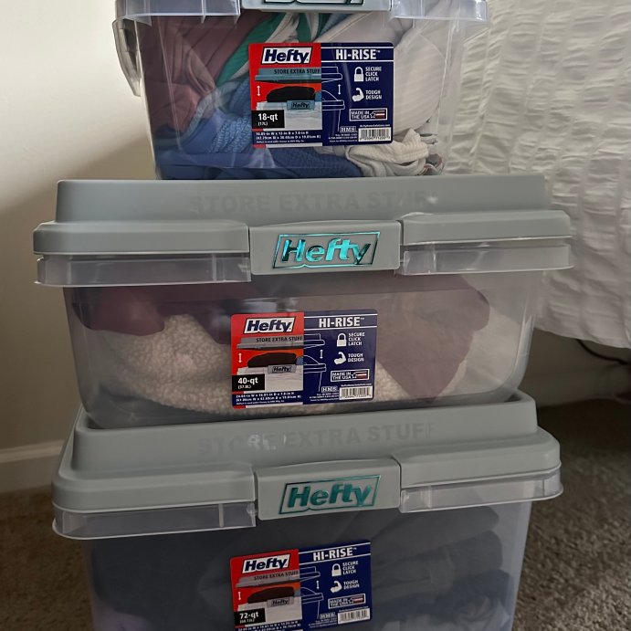 user image by jettsetfarmhouse, Hefty 72qt Clear Hi-Rise Storage bin with Stackable Lid Gray: Plastic Utility Tubs, Locking Handles, Snap Closure