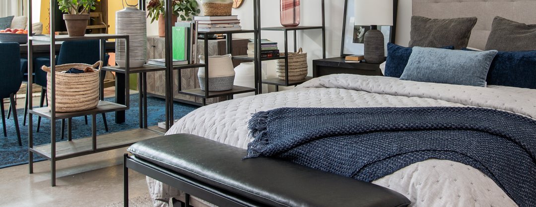 Shop Spencer Bed -Polo Grey, QUEEN, Maxwell Bench -Como Black, Corbin Display Shelf -Weathered Elm, Isidora Basket Large Seagrass, Amya Table Lamp Black, Gatsby Nightstand -Morel Acacia and more