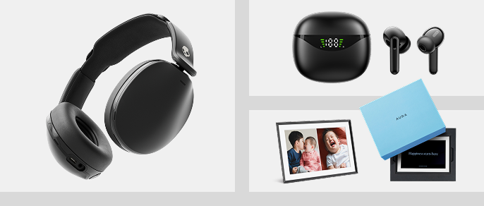Shop Skullcandy Hesh 360 Headphones, Black, Bluehive BluePods True Wireless Earbuds with Digital Display, Aura Carver Mat Digital Picture Frame, 10.1-in and more