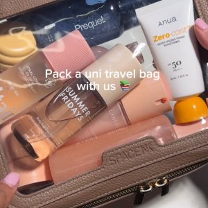 @spacenk&rsquo;s instagram video of Space NK Large Travel Bag Chocolate Brown,Anua Zero-cast Moisturizing Finish Sunscreen,Prequel Multi-Quench Hydration Mist,Saltair Coral Coast Deodorant,Gisou Honey Glaze Collagen Therapy Lip Mask,LANEIGE Balance Mode Rice Foaming Deep Cleanser,LANEIGE Balance Mode Moisturiser,Summer Fridays Body Mist Vanilla