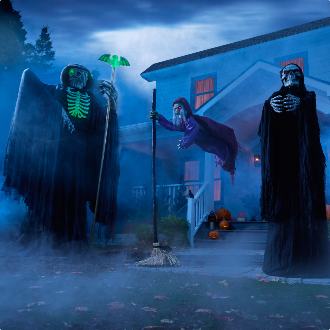 Shop For Living Plague Doctor with Staff Animatronic, 10-ft, Gemmy Animated Skeleton Reaper with Motion Activated Sound, 6-ft, For Living Animated Flying Witch with Light Up Eyes and more