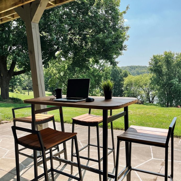 user image by @mr.jonathan.wilson, Costway 5 PCS Acacia Wood Bar Table Set Outdoor Bar Height Table & Chairs with Metal Frame