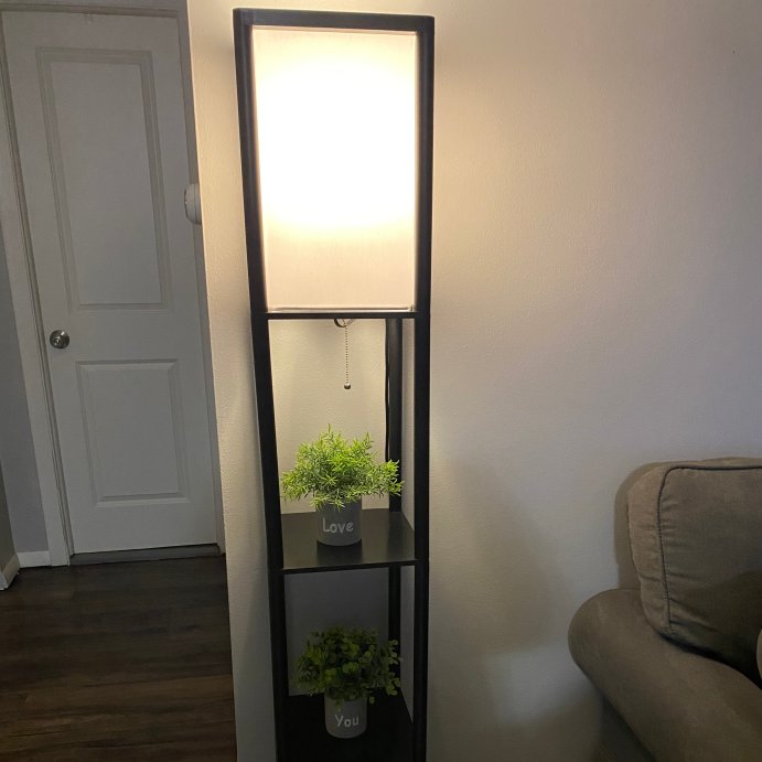 user image by Column shelf floor lamp linen shade in black. , Column Shelf Floor Lamp with Linen Shade - Lalia Home