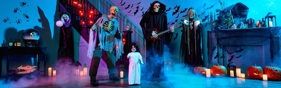 Shop Bluetooth Reaper With Guitar Animatronic Halloween Decoration, 6-ft, For Living Zombie Animated LED Light-Up Standing Character with Batteries, Sound & Light Activated Indoor/Outdoor Decoration for Halloween, White, 3-ft, For Living Glass Potion Bottles Assortment Halloween Decoration, FOR LIVING Witch Animated LED Light-Up Hanging Character, Sound & Light Activated Indoor/Outdoor Decoration for Halloween, Purple, 6-ft, Bloody Hand Wall Decals, For Living Skeleton Grim Reaper Animated LED Light-Up Hanging Character, Black, 6-ft, Sound & Light Activated Indoor Decoration for Halloween, Tattered Gauze Cloth, Black, 5-ft, Indoor/Outdoor Decoration for Halloween, Gemmy Skull Fibre Optic LED Light-Up Prop with Batteries, White, 6-in, Light Activated Indoor Decoration for Halloween and more