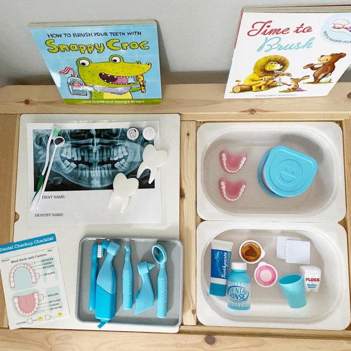 user image by @binsandbooks, Melissa &#38; Doug Super Smile Dentist Kit With Pretend Play Set of Teeth And Dental Accessories (25 Toy Pieces)