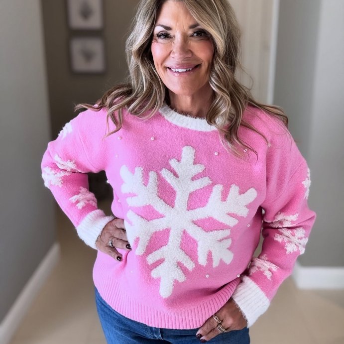 user image by @michmickstyle, Women's Snowflake Festive Graphic Sweater - Pink