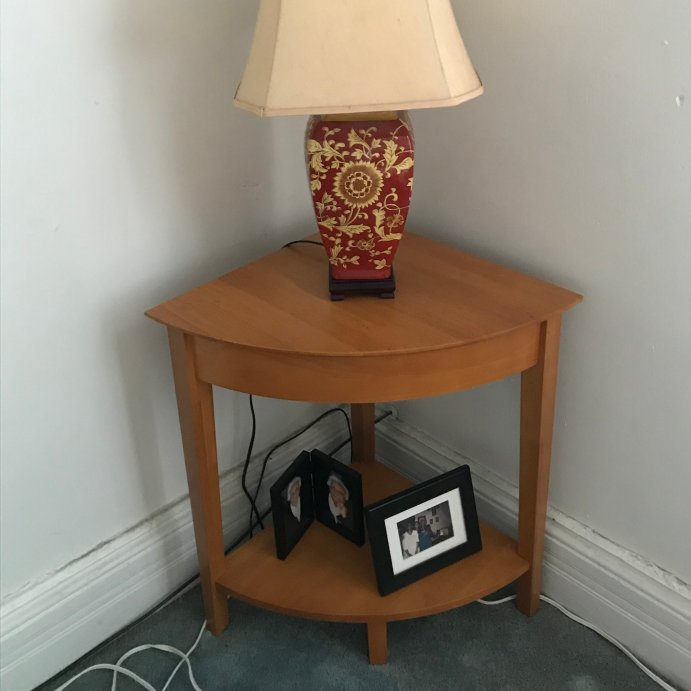 user image by Donna, Studio Corner Table Honey - Winsome: Rounded Accent, Shelf Storage, Wood Construction