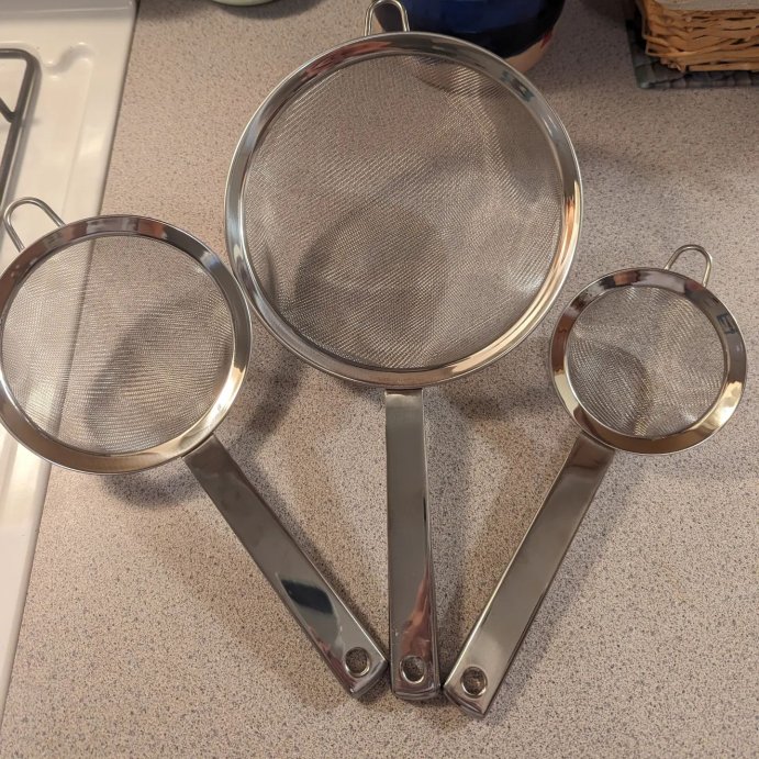user image by @kreviewing, 3pc (3&#34;, 5&#34;, and 8&#34;) Stainless Steel Mesh Strainer Set Silver - Figmint&#8482;