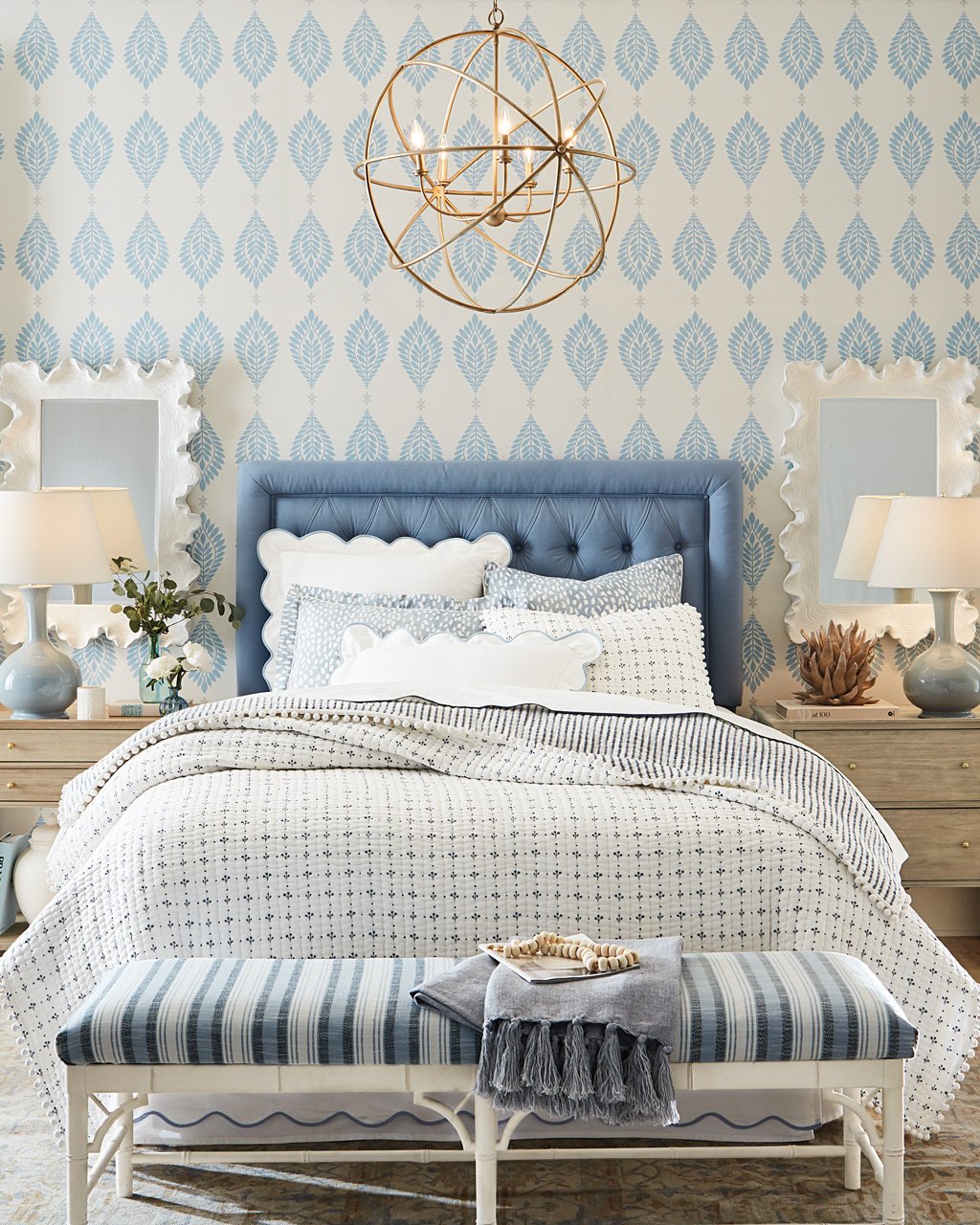 Shop Fancy Frond Wallpaper, Giselle Tufted Storage Bed, Dayna Bench, Beau Orb Chandelier, Atoll Rectangular Mirror, Alea Quilted Bedding, Thandie Watercolor Printed Sham, Emma Scalloped Sham and more