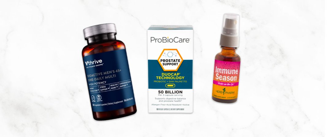 Shop Vthrive Once-Daily Bioactive Multivitamin for Men 50+ - Supports Stress & Healthy Aging (60 Vegetarian Capsules), ProBioCare Prostate Support Probiotic 50 Billion + Saw Palmetto (90 Vegetarian Capsules), Herb Pharm Immune Season - Herbs On The Go (1 Fluid Ounce) and more