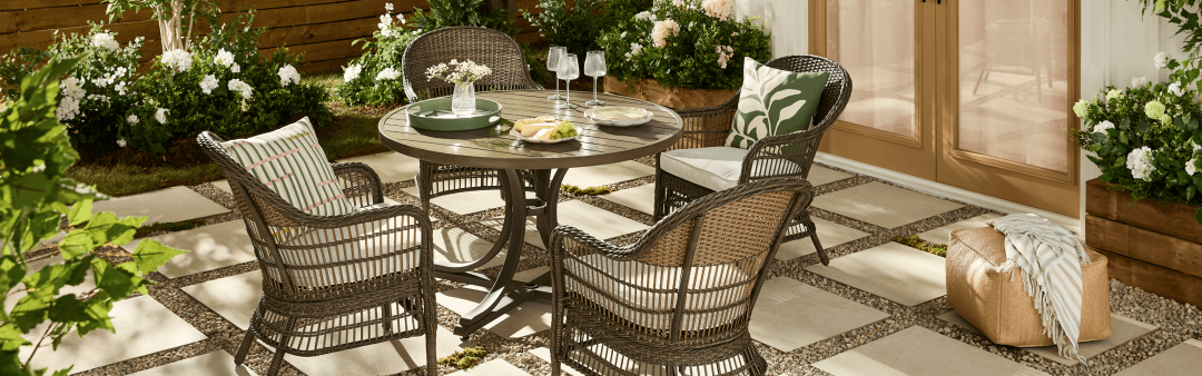 Shop CANVAS Lorette Outdoor Patio Round Dining Set with Wicker Chairs and Built-in Umbrella Pedestal, Brown, 5-pc, CANVAS Olive Striped Cushion Cover, Outdoor, Water-Resistant, Cover Only No Insert, 18 x 18-in, CANVAS Serene Garden Olive Leaf Serving Tray, CANVAS Scalloped Dinner Plate, BPA-free, Plastic, Ivory Colour, CANVAS Olive Leaf Cushion Cover, Water/Stain/Fade-Resistant, Green, Cover Only No Insert, 18 x 18-in, CANVAS Pastel Striped Woven Throw, Lightweight, 50x60-in and more