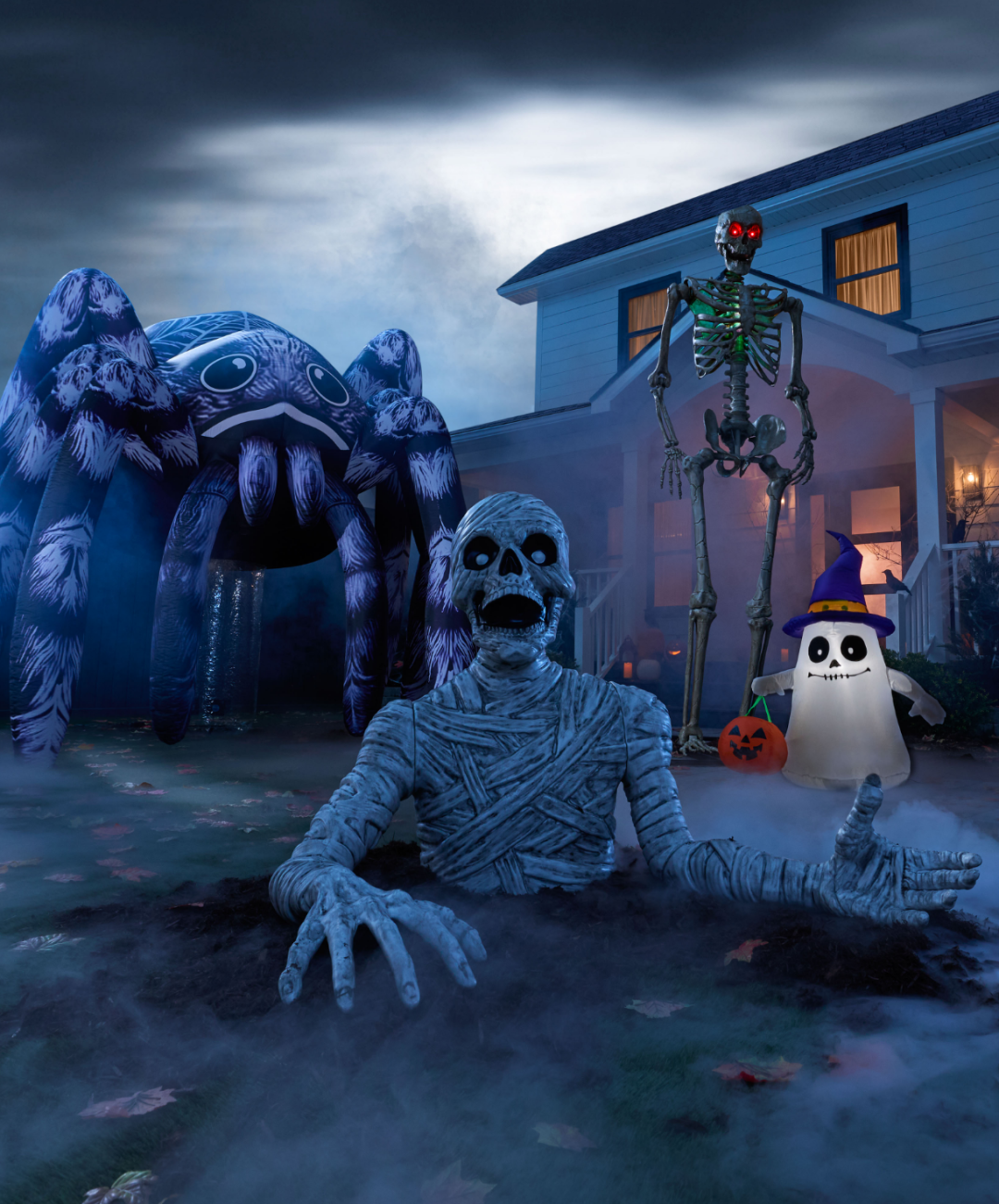 Shop For Living Inflatable Giant Spider Decoration, 10-ft, Mummy Arms Ground Breaker Halloween Decoration, 3-ft, Gemmy Air Blown Trick Or Treat Ghost, For Living Battery Powered Skeleton with LED Eyes, 10-ft and more