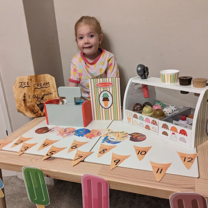 user image by @pickleslittleadventures, Melissa &#38; Doug Wooden Scoop and Serve Ice Cream Counter With Play Food and Accessories - 28pc
