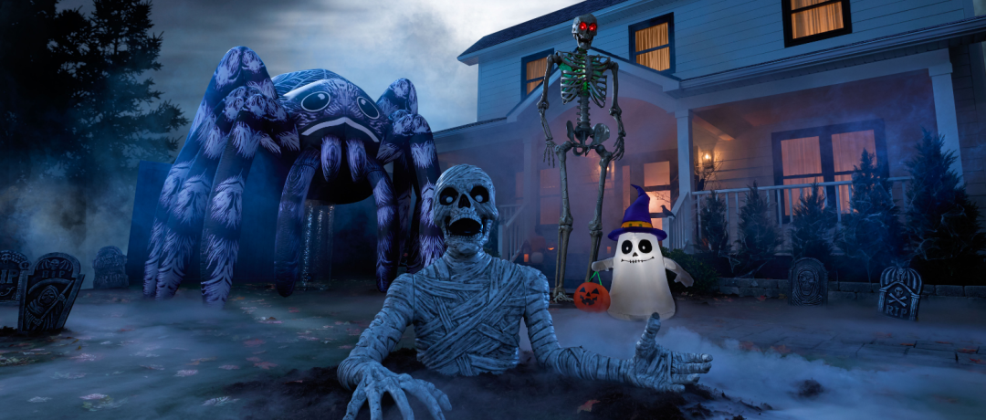 Shop For Living Inflatable Giant Spider Decoration, 10-ft, Mummy Arms Ground Breaker Halloween Decoration, 3-ft, Gemmy Air Blown Trick Or Treat Ghost, For Living Battery Powered Skeleton with LED Eyes, 10-ft and more