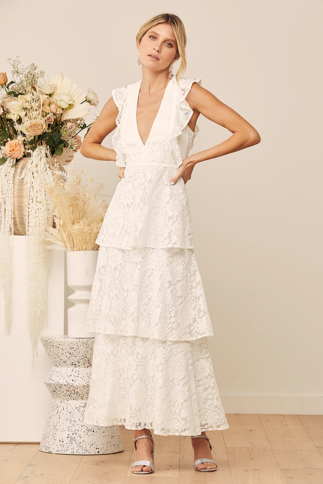 white lace ruffled tiered sleeveless maxi dress 