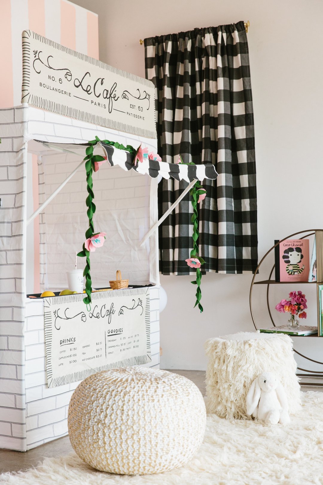 Shop Black Buffalo Check 63" Blackout Curtain, Snack Shack Playhouse, Felt Flower Garland, Wheelhouse Round Bookcase, White Shag Pouf, Knit Gold Pouf, Jellycat ® White Bunny Stuffed Animal, 8x10' White Flokati Rug and more