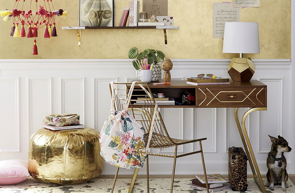 Shop Mini Pom Pom Mobile, Modern Marble Shelf, Geometric Gold Lamp, Kids Wood and Metal Inlay Desk, Domino Gold Kids Desk Chair, Faux Leather Gold Pouf, Floral Metallic 4 x 6' Rug and more