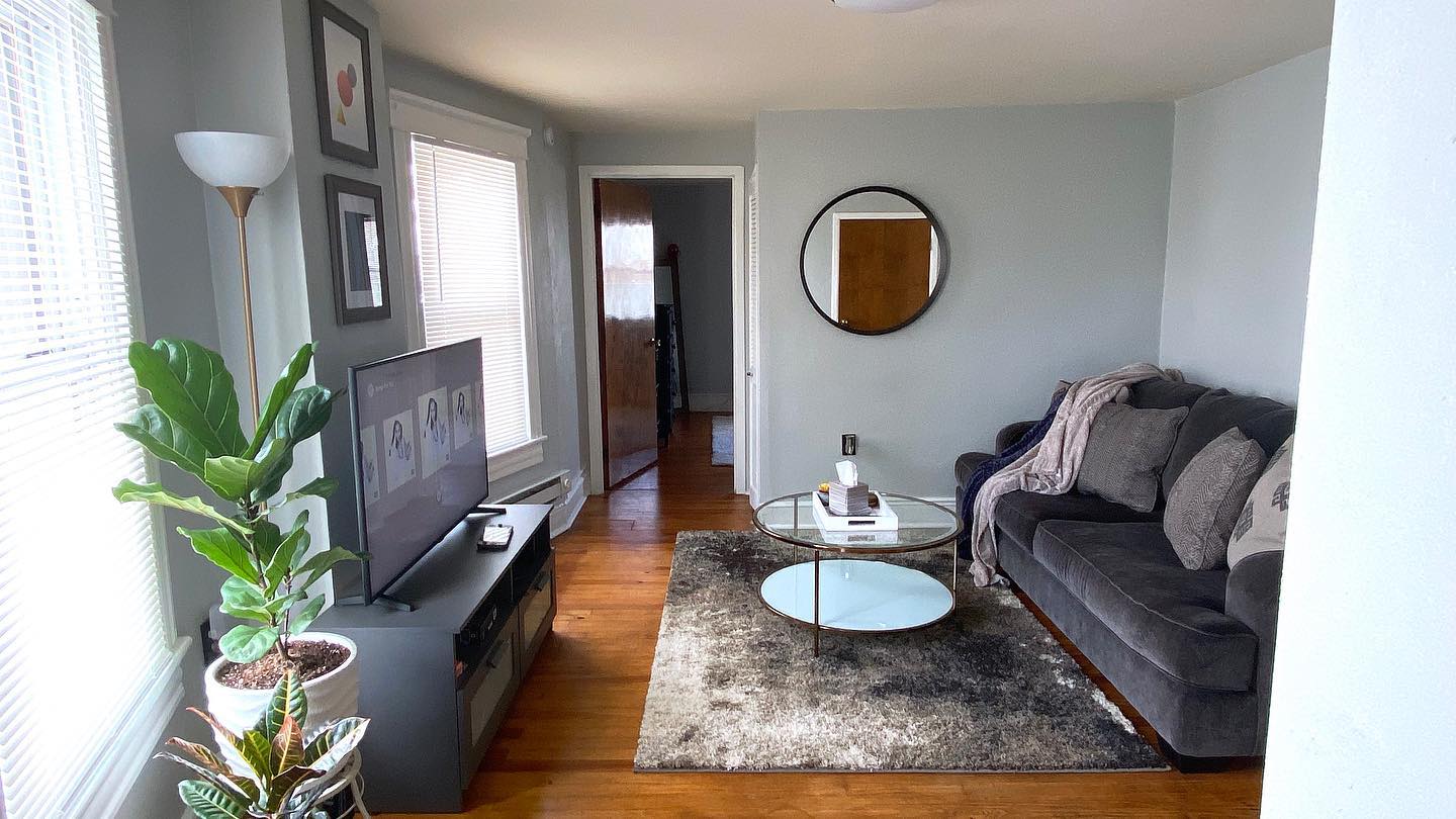 Comfy stylish transitional living room Instagram Post