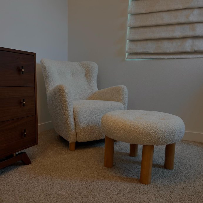 user image by @theneutralpallete, Kessler Round Tufted Faux Shearling Ottoman with Wood Legs Cream - Threshold™ designed with Studio McGee