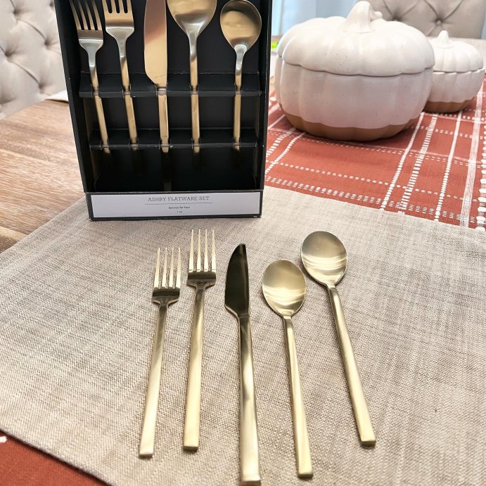 user image by @targetmama26, 20pc Ashby Flatware Set Champagne - Threshold&#8482;: Stainless Steel Silverware, Service for 4, Dishwasher-Safe