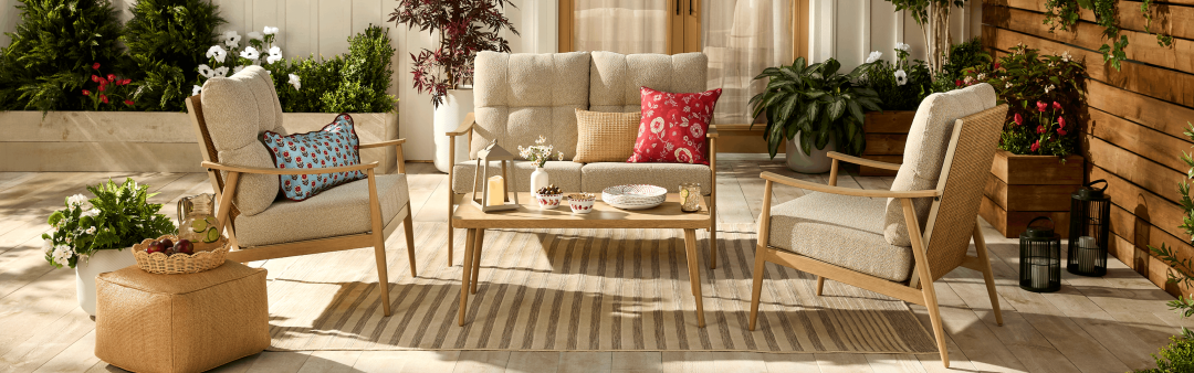 Shop CANVAS Beige Jute Pouf, CANVAS Elmvale Outdoor Patio Conversation Set with Tufted Cushions, Tan, 4-pc, CANVAS Beige Candle Lantern, CANVAS Wildflower Small Bowl, CANVAS Wildflower Dinner Plate, CANVAS Wildflower Cushion Cover, Polyester, Red, Cover Only No Insert, 18 x 18-in and more