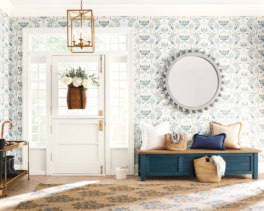 Shop Rifle Paper Co. Squeeze the Day Wallpaper, Lindy Mirror, Fenton Storage Bench, Jesse Printed Jute Rug, Adirondack Hanging Basket - Ballard Designs, Hadley Pendant, Ballard Double Boot Trays with Frame and more