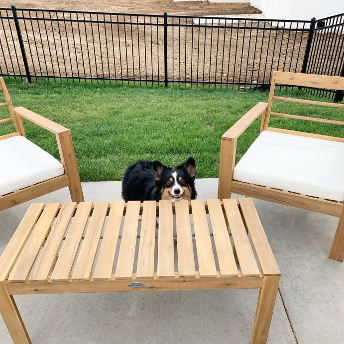 user image by @hannahlynnhome, Costway 4PCS Patio Furniture Set Acacia Wood Thick Cushion Loveseat Sofa Off White\Turquoise\Grey
