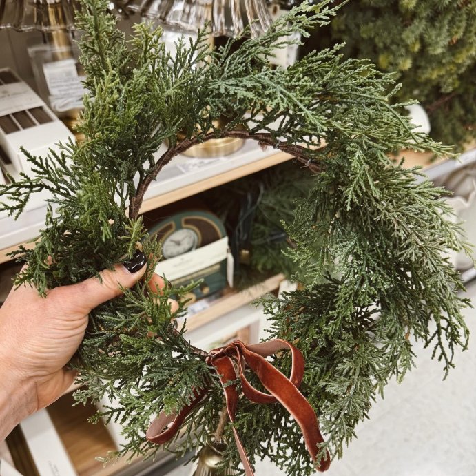 user image by @home_bycourt, 12&#34; Mini Cypress with Brass Bell and Red Ribbon Wreath - Hearth &#38; Hand&#8482; with Magnolia