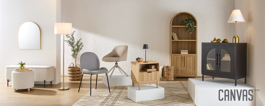 Shop Armoire CANVAS Hinton, noir, Bibliothèque arquée Canvas Stratford, chêne, Table d'appoint Canvas Winkler, chêne, Chaise de bureau pivotante Canvas Chester, écru, Lampadaire avec abat-jour cylindrique blanc CANVAS, Banc de rangement Canvas Picton, blanc, Chaise de salle à manger moderne rembourrée en tis and more