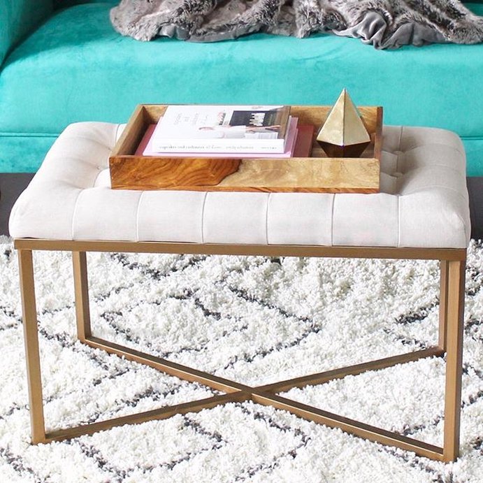 user image by @amarriedadventure, Rectangle Ottoman Velvet Tufted Cushion and Gold Metal X Base - HomePop