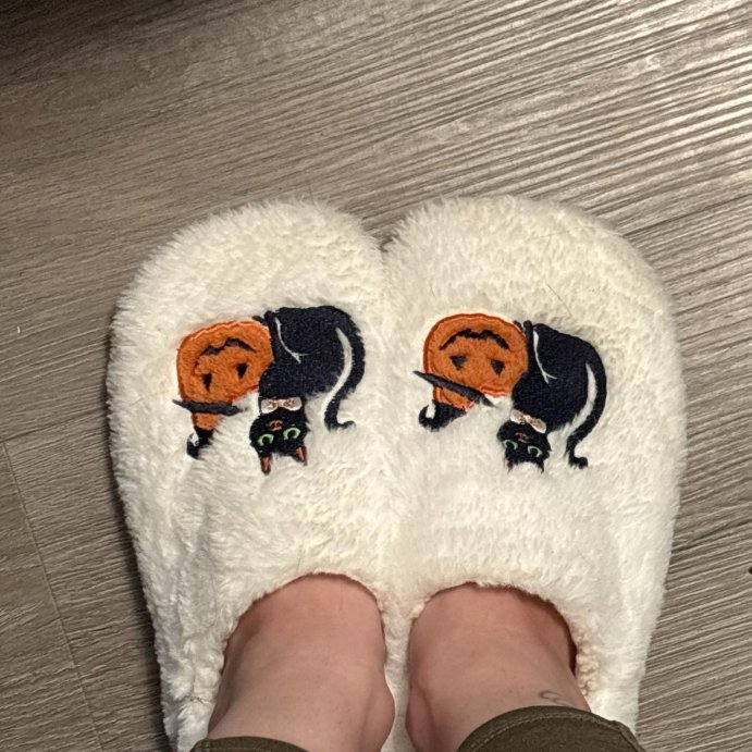 user image by @kimxskn59, Women's Black Cat and Pumpkin Embroidered Halloween Faux Fur Slipper Socks with Grippers - Hyde and EEK Boutique™ Ivory/Black/Orange