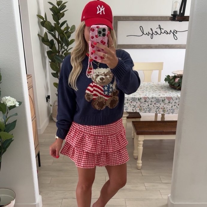 user image by @everyday_tina1, Women's Teddy Bear Flag Graphic Sweater - Navy