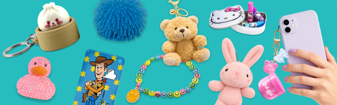 Shop Charm Chumz Clicker Buns, Gui Gui Mini Keychain, Duckalooz Dazzle Ducks Kit, Assorted, Pick'N'Pop Picky Pad Smiley Face Bracelet Kit, Fidgee Fun Ball, Assorted, Stitch Mini Lip Balms with Keychain Bag 3Pk and more