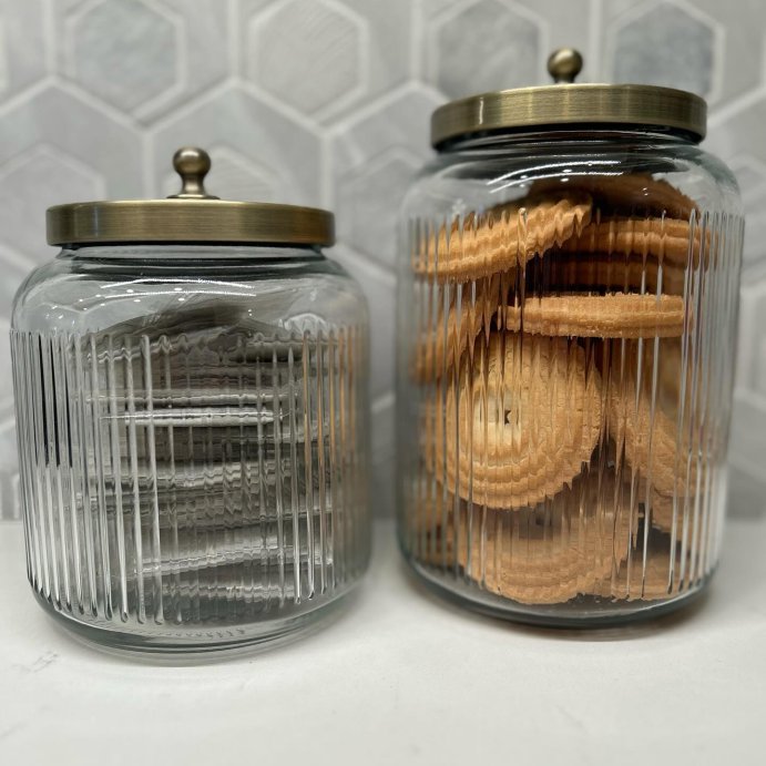 user image by @vee_sdmama, Medium Glass Bath Canister Brass - Threshold&#8482;: Elegant Storage Jar with Lid for Bathroom Organization, 43.9oz Capacity