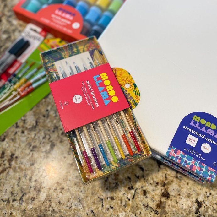 user image by @getfitwithashley_, 7pc Artist Paintbrush Set - Mondo Llama&#8482;: Nylon &#38; Wood, Watercolor, Oil, Tempera, Acrylic, Filbert, Round, Angle Brushes