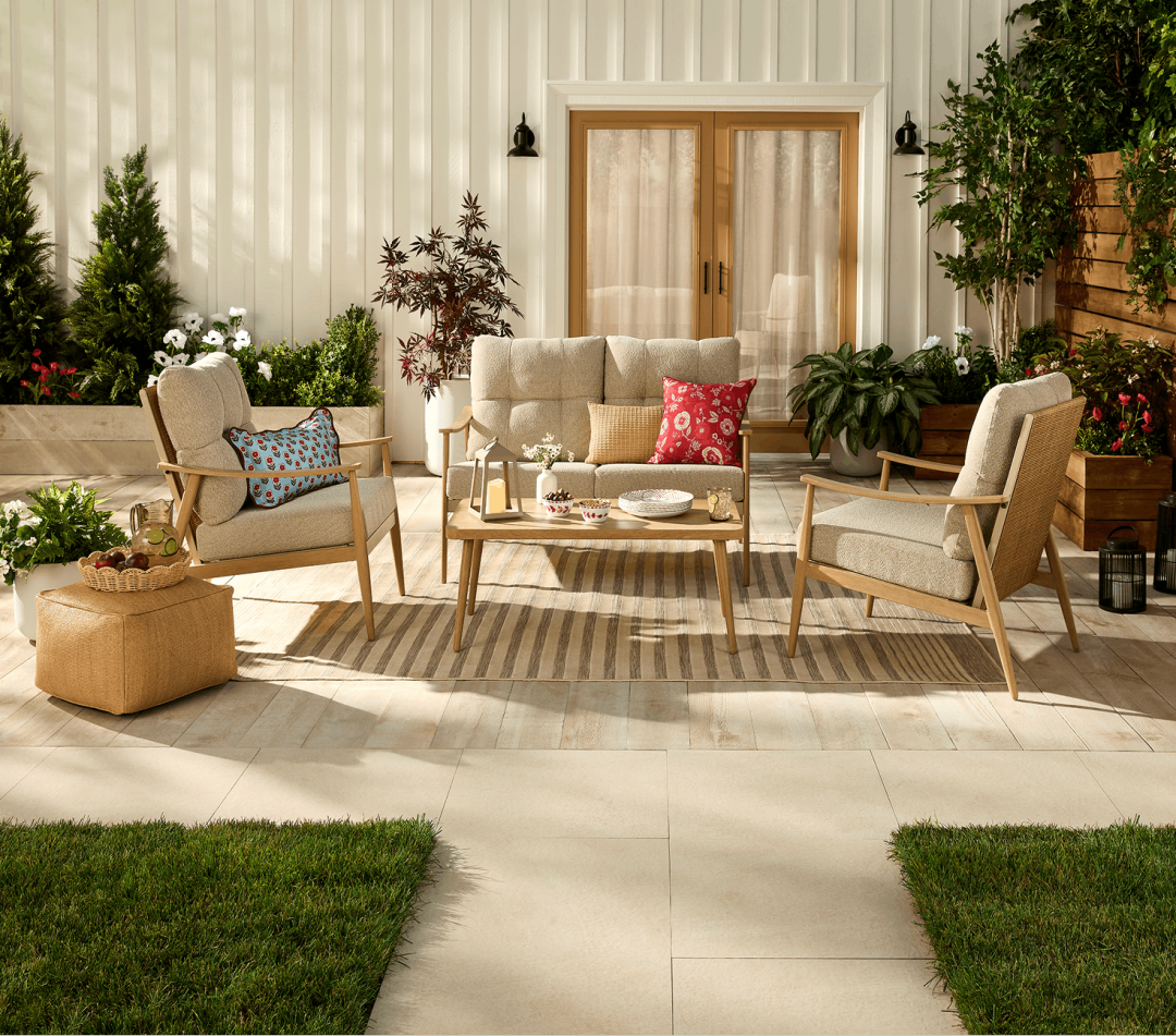 Shop CANVAS Beige Jute Pouf, CANVAS Elmvale Outdoor Patio Conversation Set with Tufted Cushions, Tan, 4-pc, CANVAS Beige Candle Lantern, CANVAS Wildflower Small Bowl, CANVAS Wildflower Dinner Plate, CANVAS Wildflower Cushion Cover, Polyester, Red, Cover Only No Insert, 18 x 18-in and more