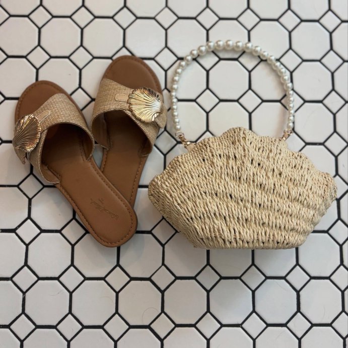 user image by @the.adrian.bell, Women&#39;s Nesryn Raffia Shell Ornament Slide Sandals - Universal Thread&#8482; Tan