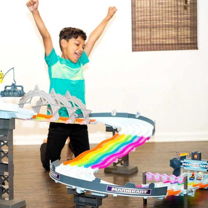 user image by @beccahandtheboys, Hot Wheels Nintendo Mario Kart Rainbow Road Raceway Track Set 30 Piece with 2 1:64 Scale Vehicles - Target Exclusive