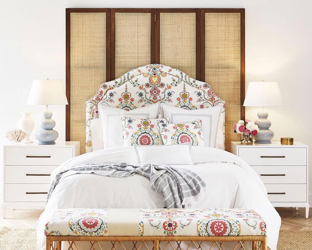 Shop Suzanne Kasler Sophie Queen Headboard with Suzanne Kasler Lucille White, Suzanne Kasler Southport Rattan Bench, Suzanne Kasler Claude 3-Drawer Nightstand - Ballard Designs, Suzanne Kasler Danielle Divider Screen, Suzanne Kasler Positano Duvet Cover, Suzanne Kasler Triple Gourd Lamp and more