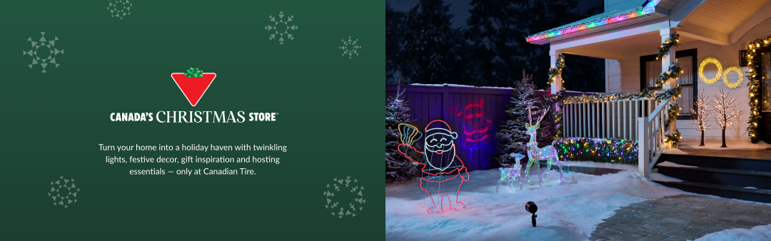 Shop Noma Pre-Lit Neon Santa with Bell Motion Christmas Decoration, 4-ft, NOMA Animated Party Santa Animated Laser Projection Light, CANVAS Glisten Deer & Fawn, 5-ft (1.5 m) & 2-ft (0.6 m), LED, 2-pc, Multi-colour, NOMA Big & Bright C9 LEDs, Multicoloured, 35-pc, CANVAS Blossom Twinkle Trees with 160 Warm White LEDs, 120-cm, 2-pk, CANVAS Indoor/Outdoor Twinkling Wreaths Combo Pack, 2-pc and more