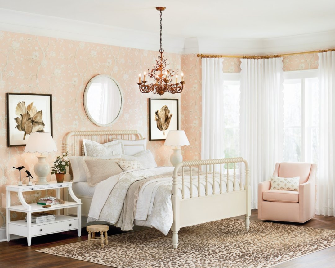 Shop Carlyle Swivel Chair - Ballard Designs, Savoy Spool Bed, Celine Cheetah Rug, Claire 6-Light Grande Chandelier, Chinoiserie Floral Wallpaper, Clementine Floral Duvet Cover, Isela Sham, Emma Scalloped Drapery Panels - Set of 2, Scalloped Linen Lamp Shade, Jewel Mirror, Sidney Open 1-Drawer Nightstand - Navy, Non-Charging - Ballard Designs and more