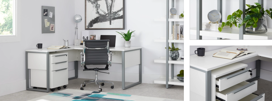 Shop Clark White 47" Return Desk, Clark White File Cabinet, Denver Gray Uph Desk Chair, Clark White Bookcase, Franki Gray Vase, Fluid Black Framed Wall Art, Piper Blue 6x9 Area Rug, Epipremnum Greenery, Kai Silver Desk Lamp and more